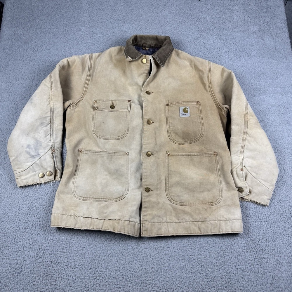 Vtg Carhartt Jacket Size 44 Tan Blanket Lined 70s Chore Coat Canvas 6BLCL C06